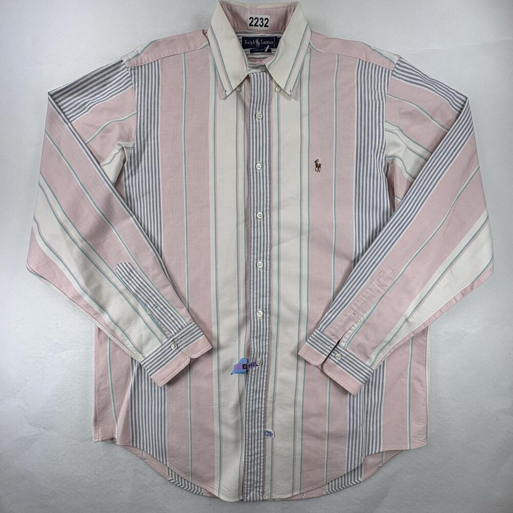 Vintage Ralph Lauren Shirt Mens 16-35 Pink Multicolor Stripe Oxford Pony Cotton